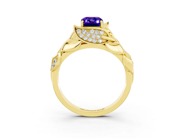 Yellow gold Emerald Cut Tanzanite Leaf-Inspired Engagement Ring with Round Accents and Prong Setting