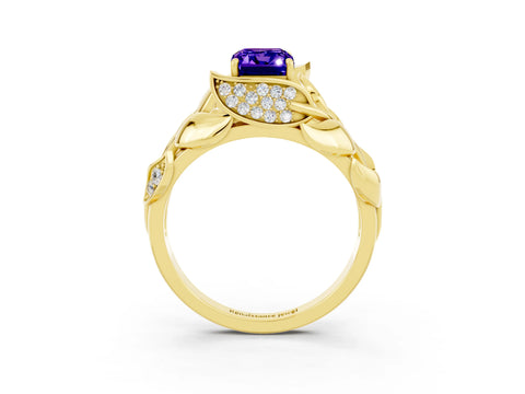 Yellow gold Emerald Cut Solitaire Leaf-Inspired Engagement Ring with Prong Setting_3