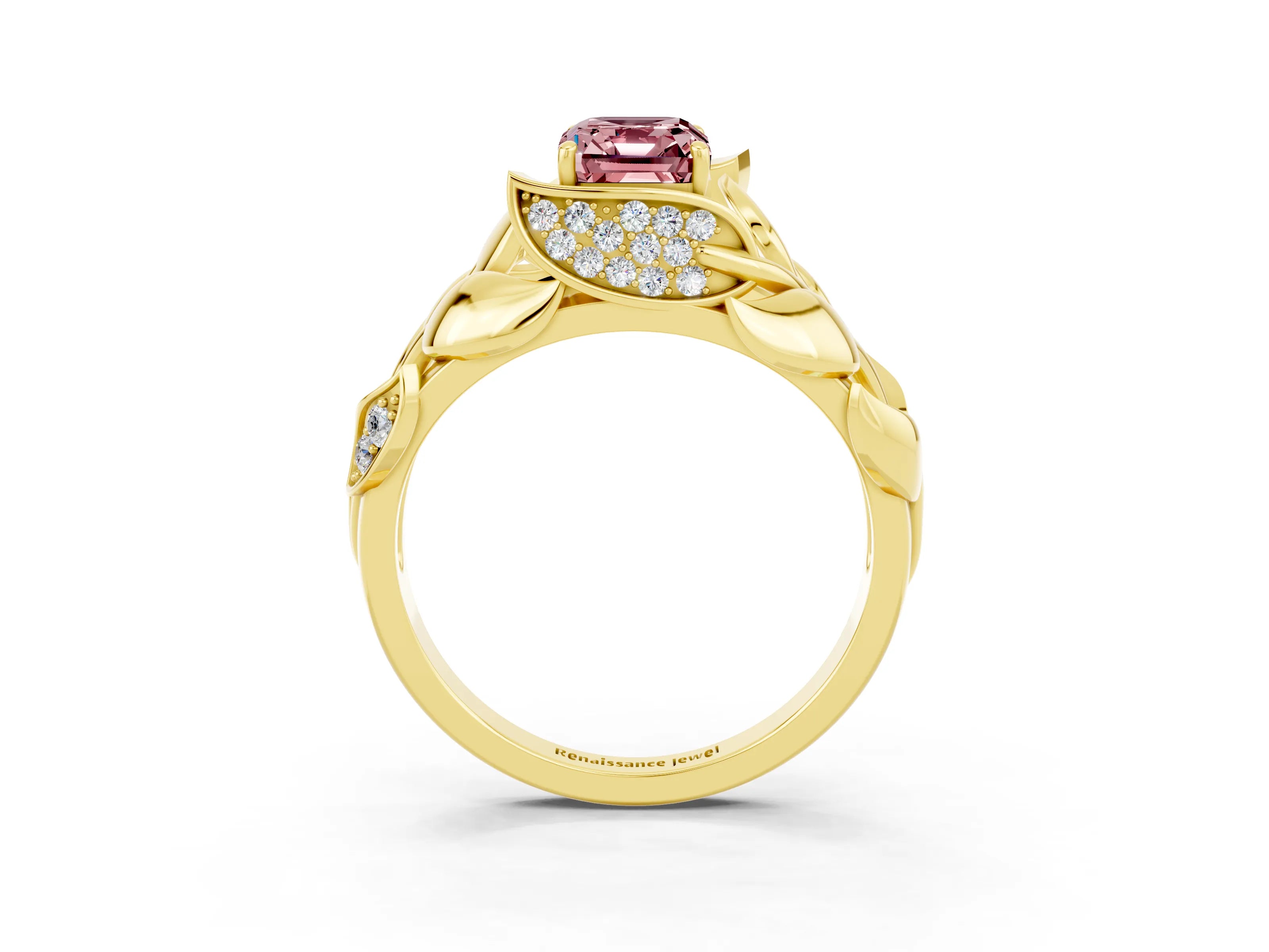 Yellow gold Emerald Cut Solitaire Leaf-Inspired Engagement Ring with Prong Setting_3