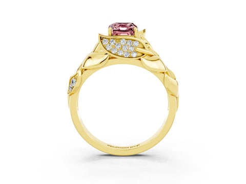 Yellow gold Emerald Cut Solitaire Leaf-Inspired Engagement Ring with Prong Setting_3