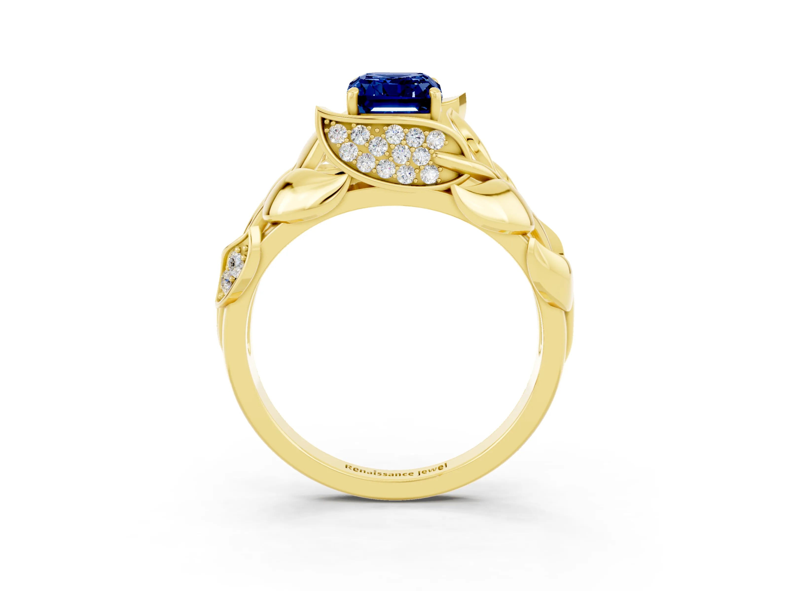 Yellow gold Emerald Cut Solitaire Leaf-Inspired Engagement Ring with Prong Setting_3