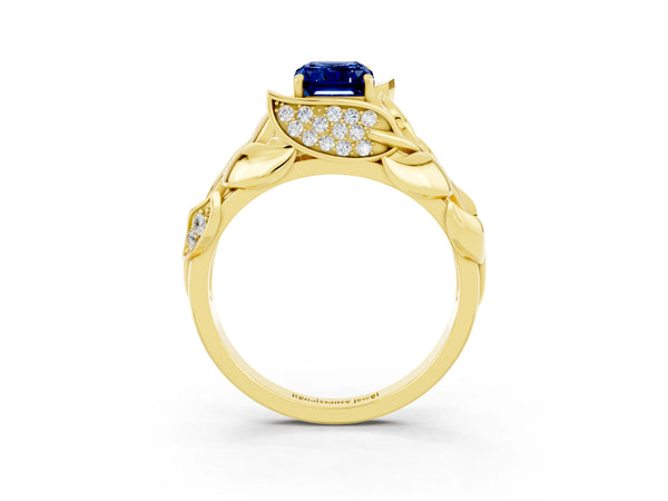 Yellow gold Emerald Cut Blue Sapphire Leaf-Inspired Engagement Ring with Round Accents and Prong Setting