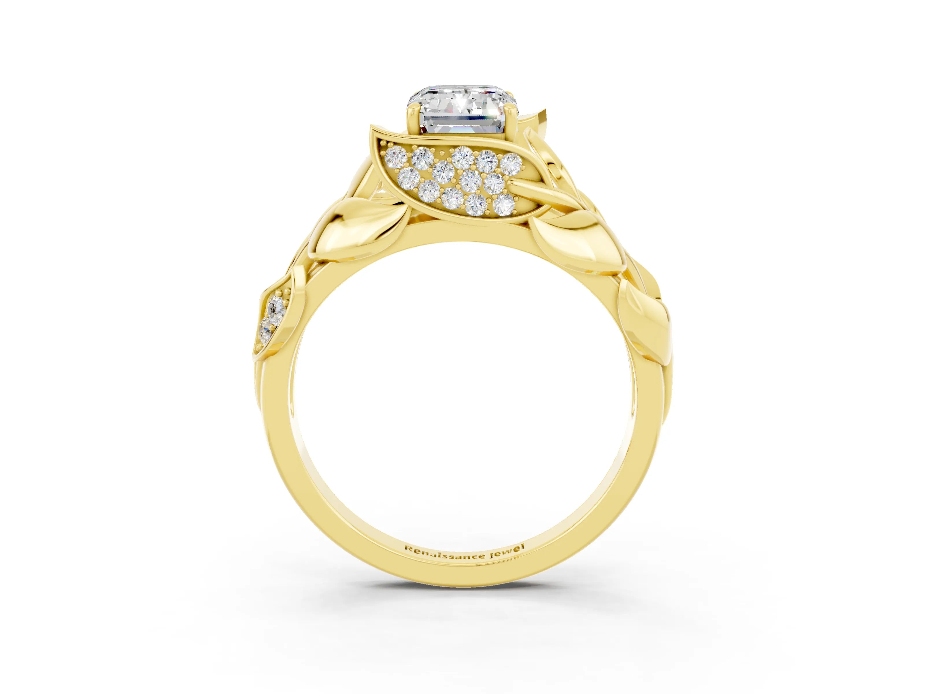 Yellow gold Emerald Cut Solitaire Leaf-Inspired Engagement Ring with Prong Setting_3