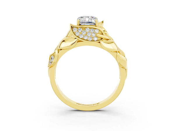Yellow gold Emerald Cut Moissanite Leaf-Inspired Engagement Ring with Round Accents and Prong Setting