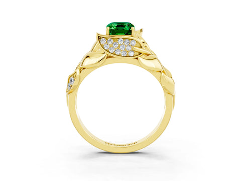 Yellow gold Emerald Cut Solitaire Leaf-Inspired Engagement Ring with Prong Setting_3