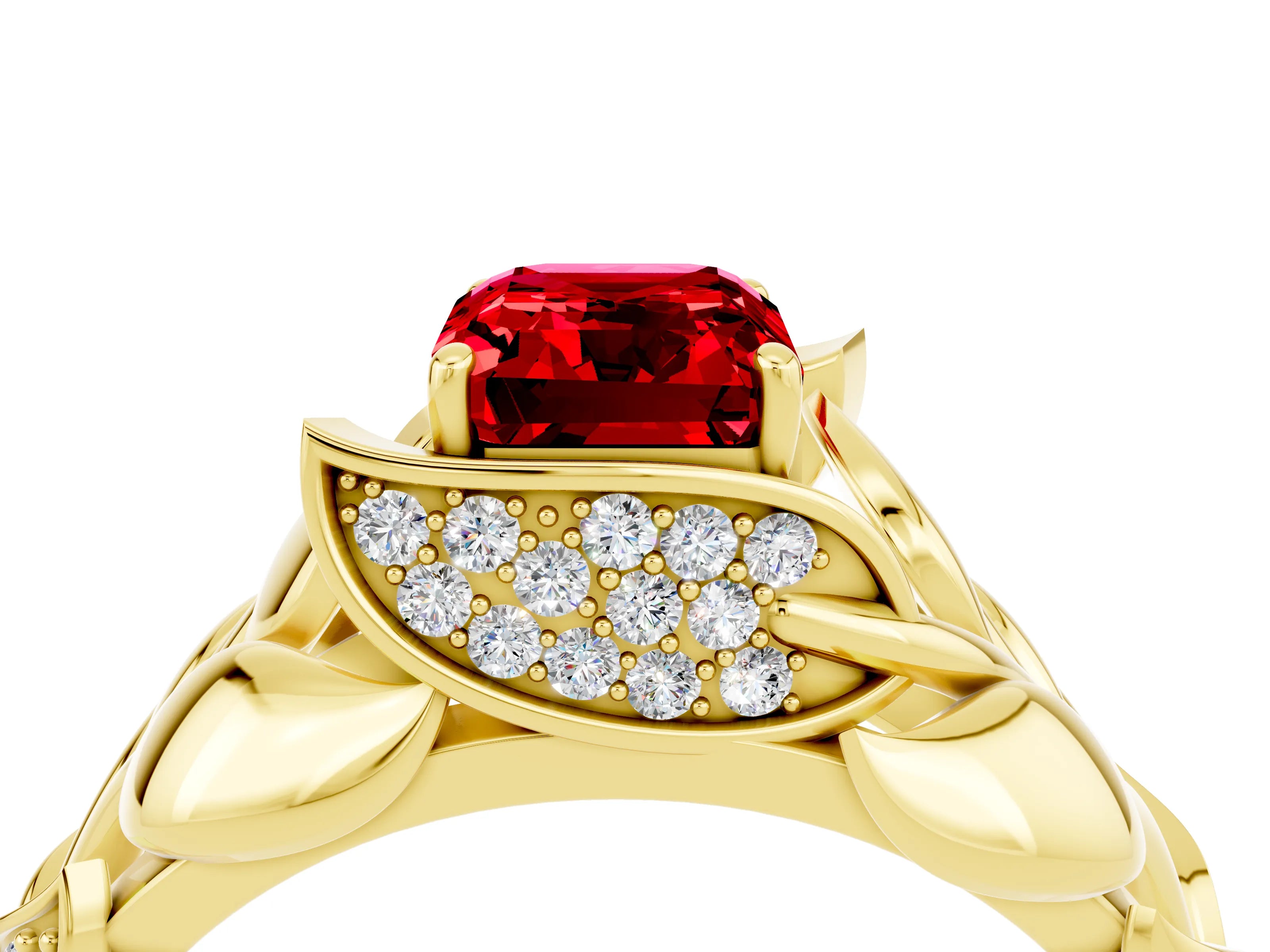 Yellow gold Emerald Cut Solitaire Leaf-Inspired Engagement Ring with Prong Setting_4
