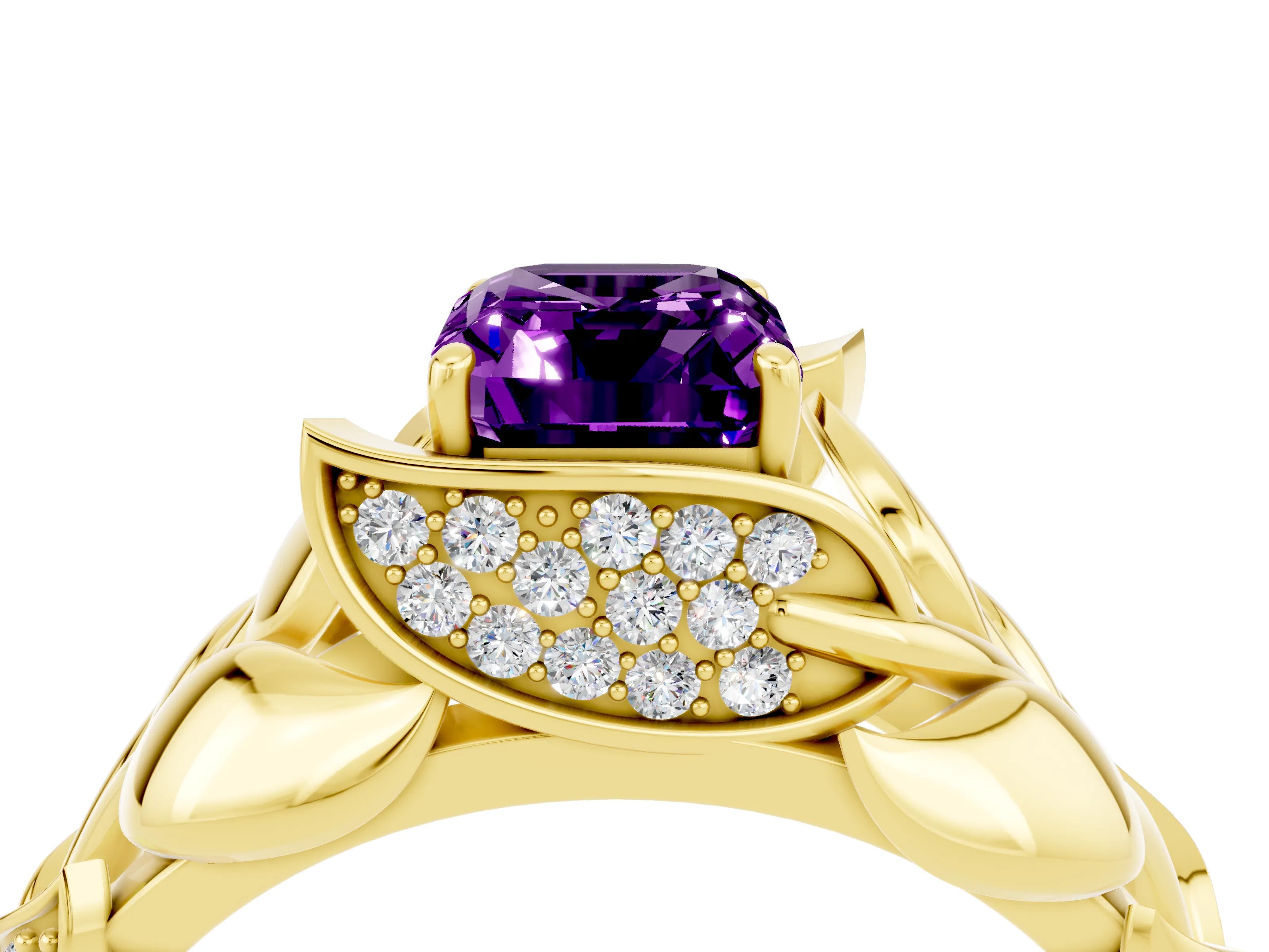Yellow gold Emerald Cut Solitaire Leaf-Inspired Engagement Ring with Prong Setting_4