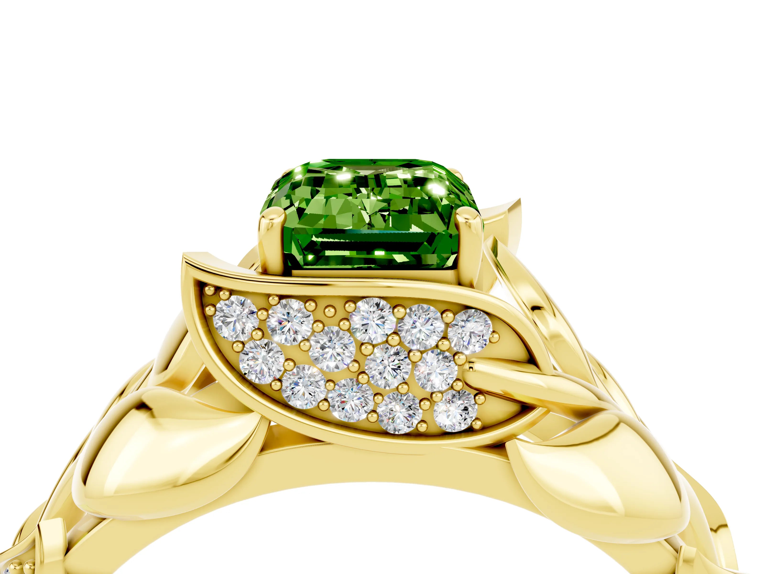 Yellow gold Emerald Cut Solitaire Leaf-Inspired Engagement Ring with Prong Setting_4
