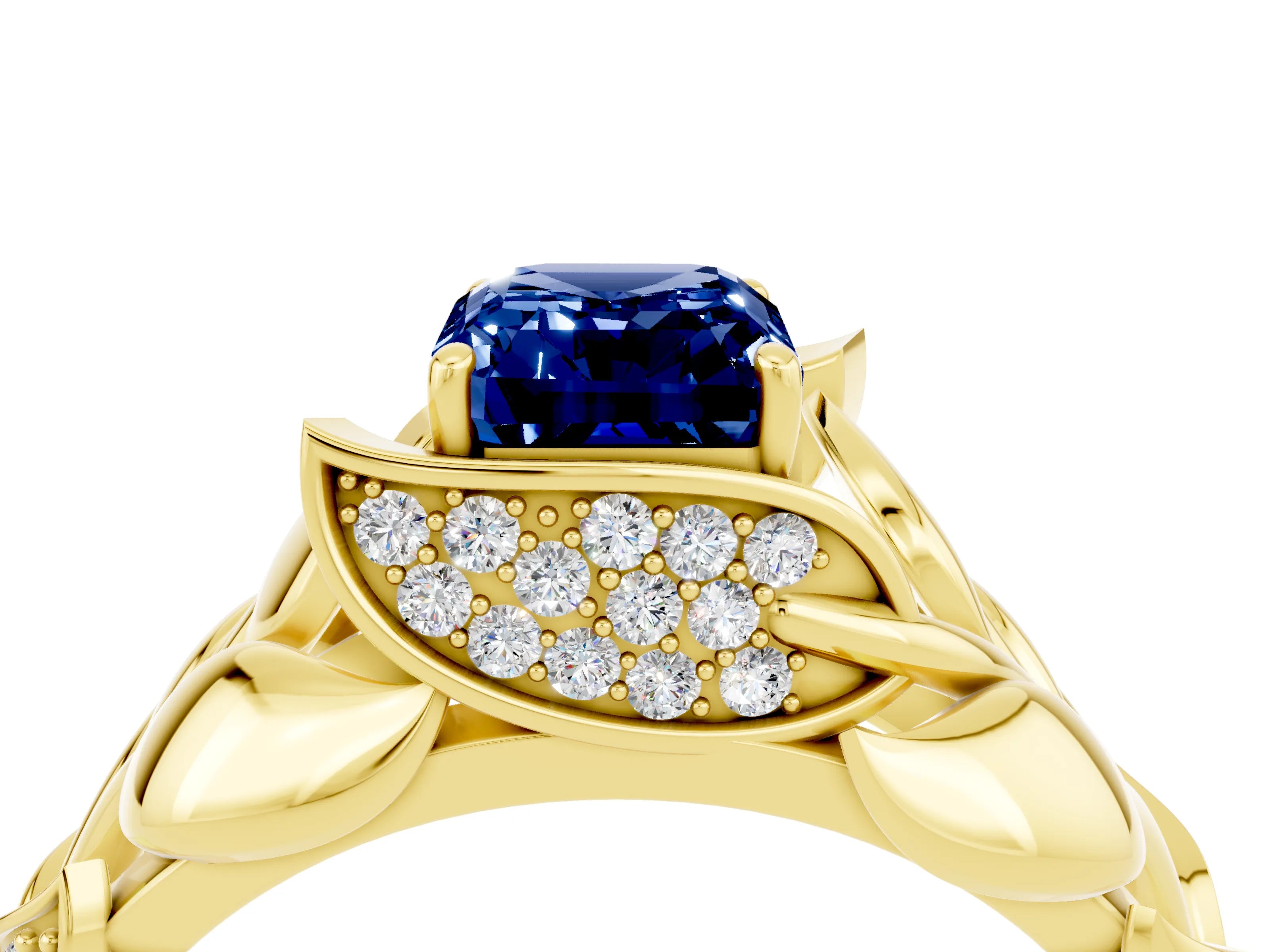 Yellow gold Emerald Cut Solitaire Leaf-Inspired Engagement Ring with Prong Setting_4