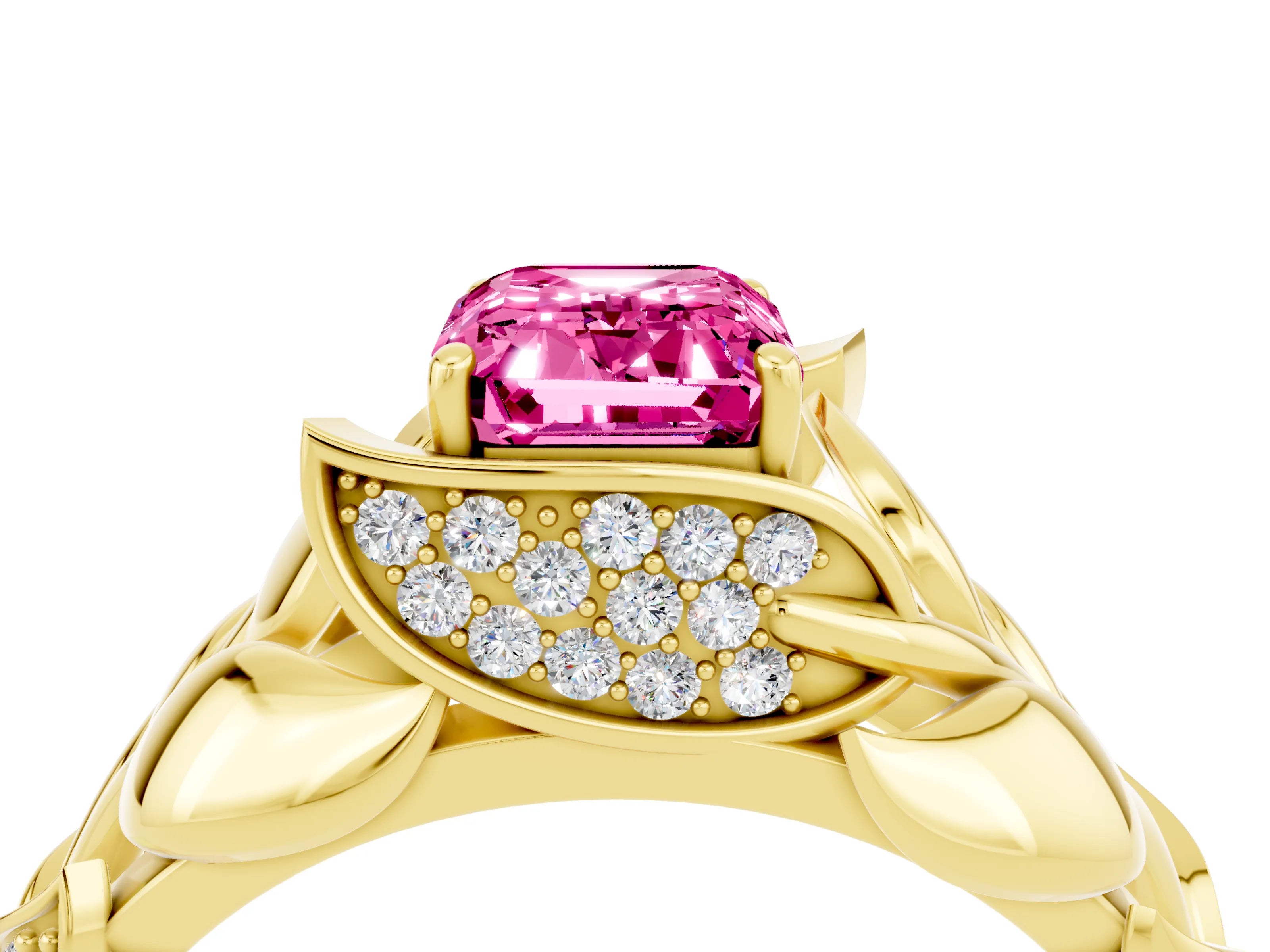 Yellow gold Emerald Cut Solitaire Leaf-Inspired Engagement Ring with Prong Setting_4