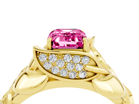 Yellow gold Emerald Cut Solitaire Leaf-Inspired Engagement Ring with Prong Setting_4