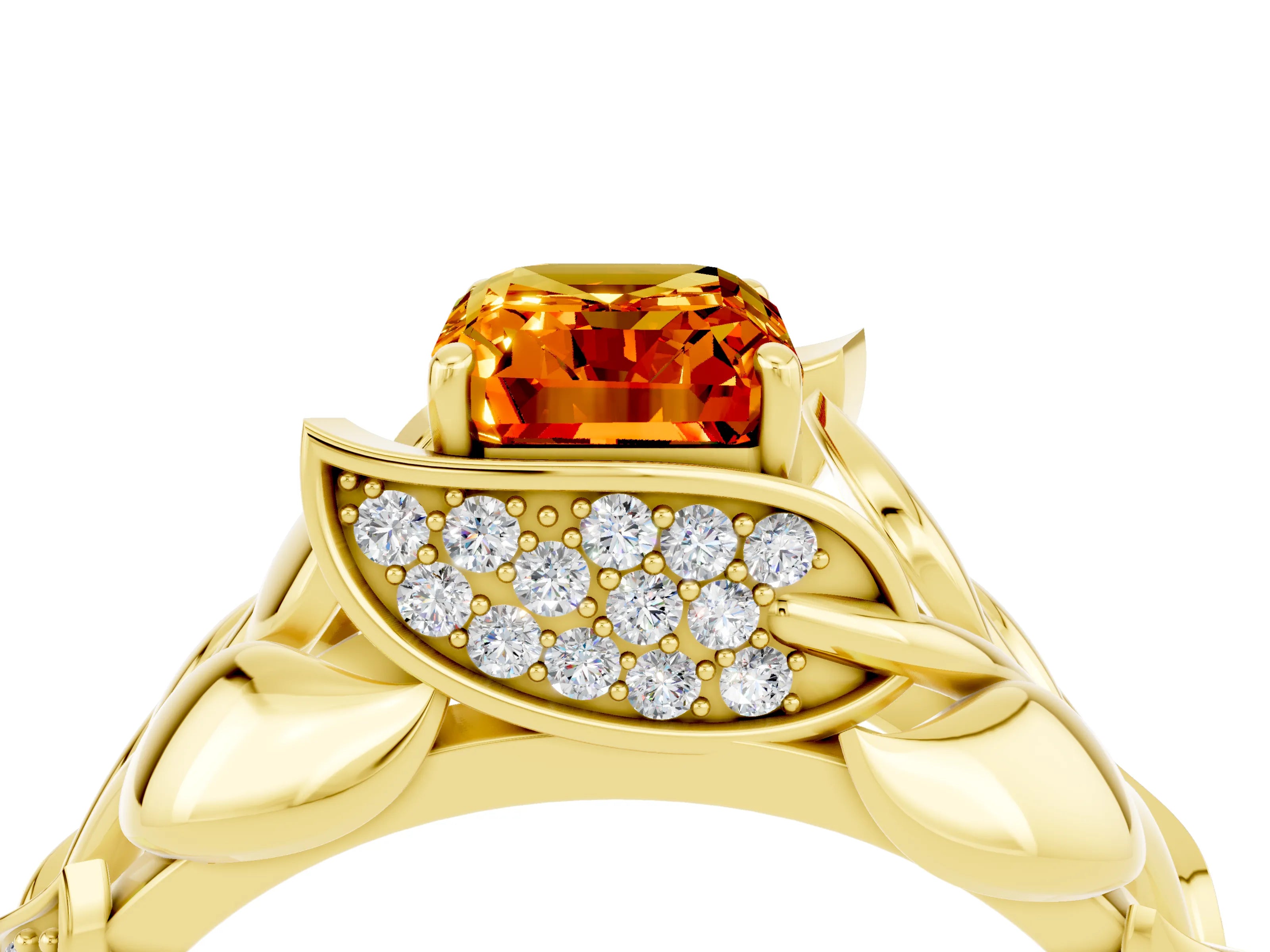 Yellow gold Emerald Cut Solitaire Leaf-Inspired Engagement Ring with Prong Setting_4