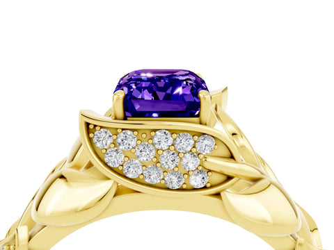 Yellow gold Emerald Cut Solitaire Leaf-Inspired Engagement Ring with Prong Setting_4