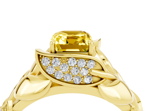 Yellow gold Emerald Cut Solitaire Leaf-Inspired Engagement Ring with Prong Setting_4