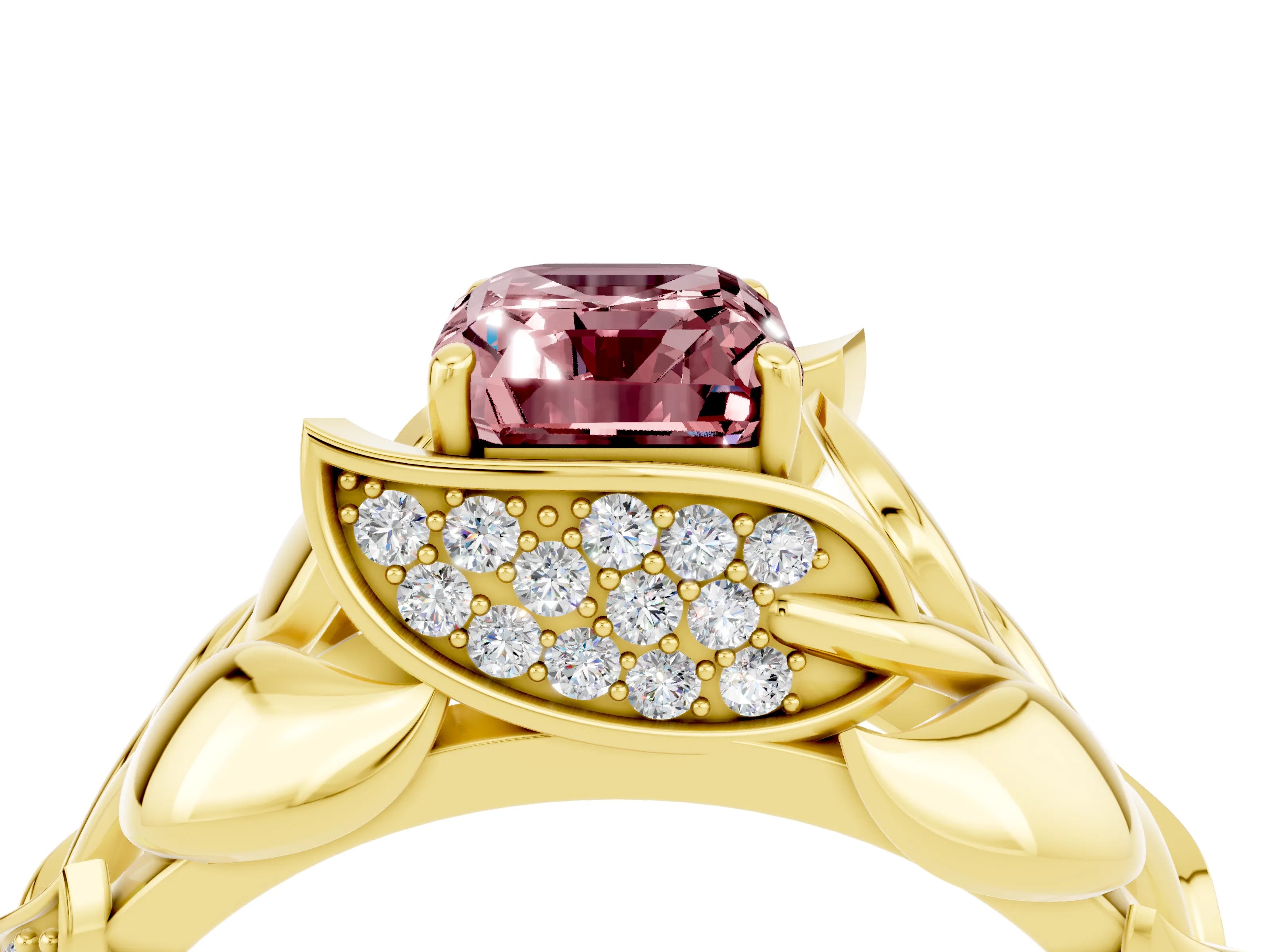 Yellow gold Emerald Cut Solitaire Leaf-Inspired Engagement Ring with Prong Setting_4