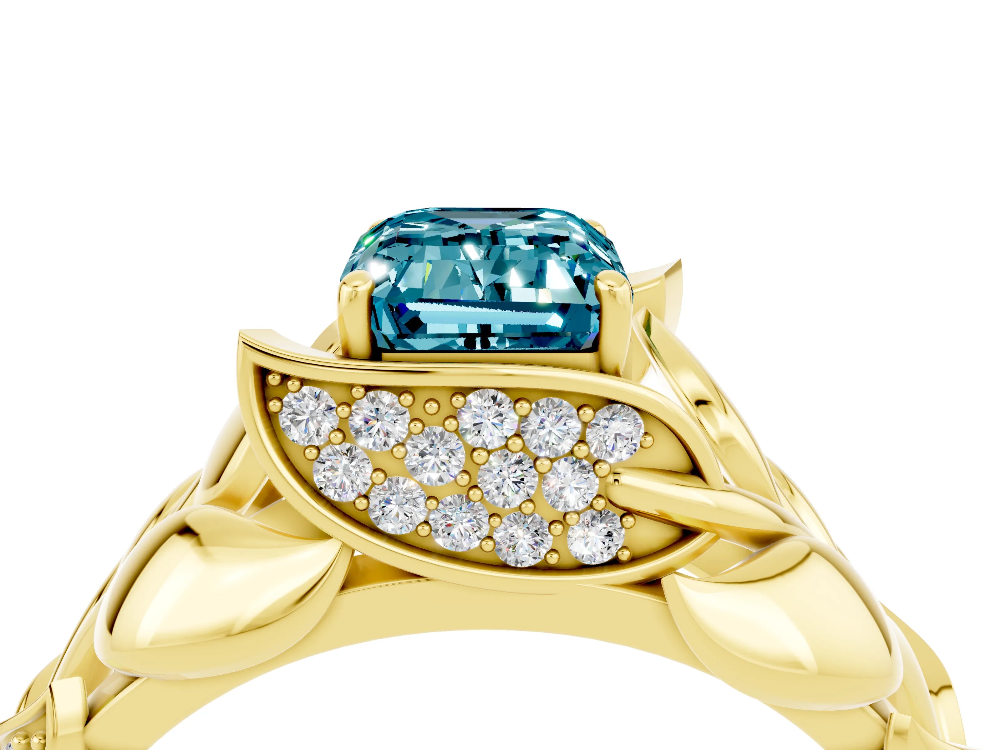Yellow gold Emerald Cut Solitaire Leaf-Inspired Engagement Ring with Prong Setting_4