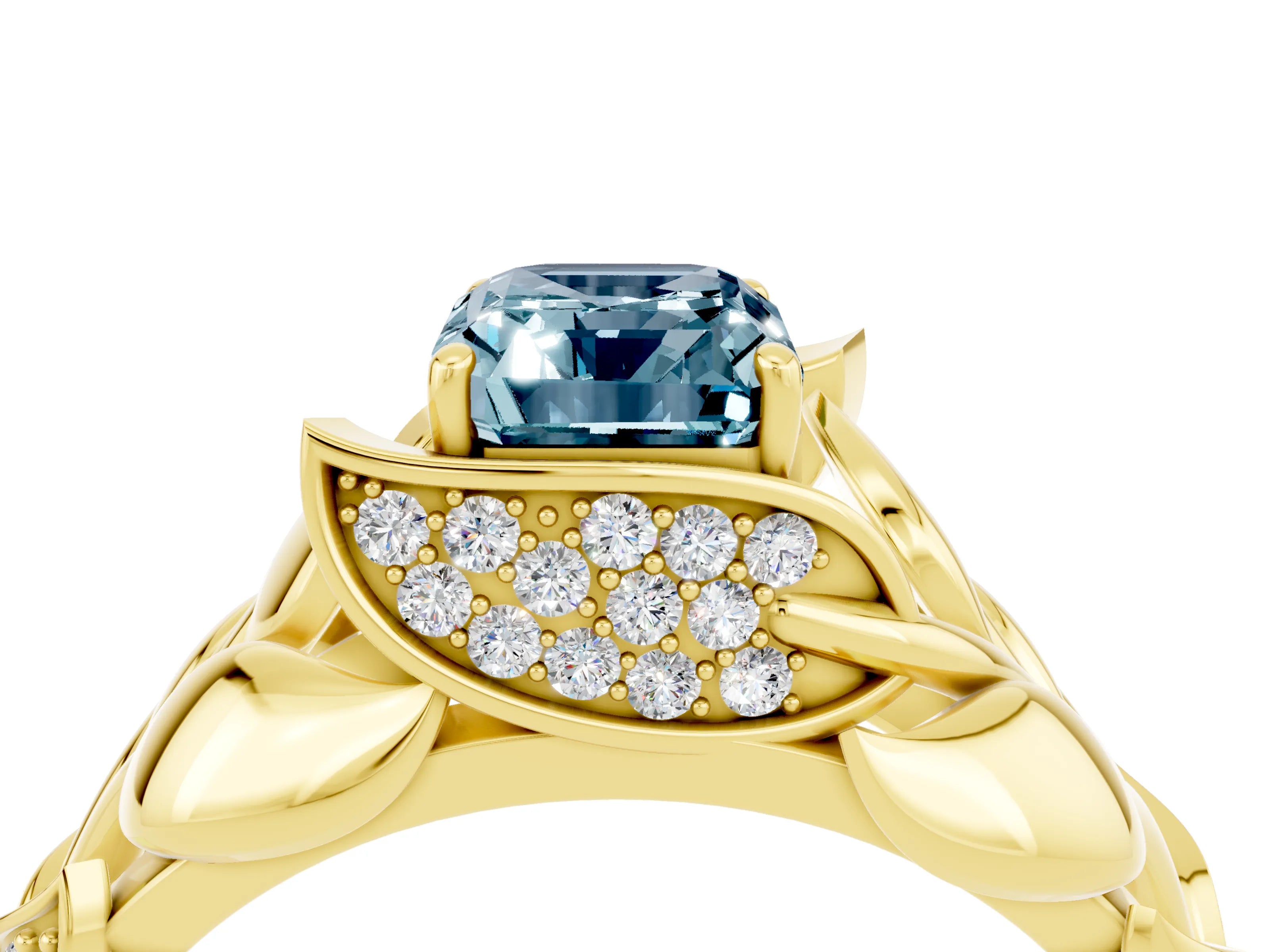 Yellow gold Emerald Cut Solitaire Leaf-Inspired Engagement Ring with Prong Setting_4