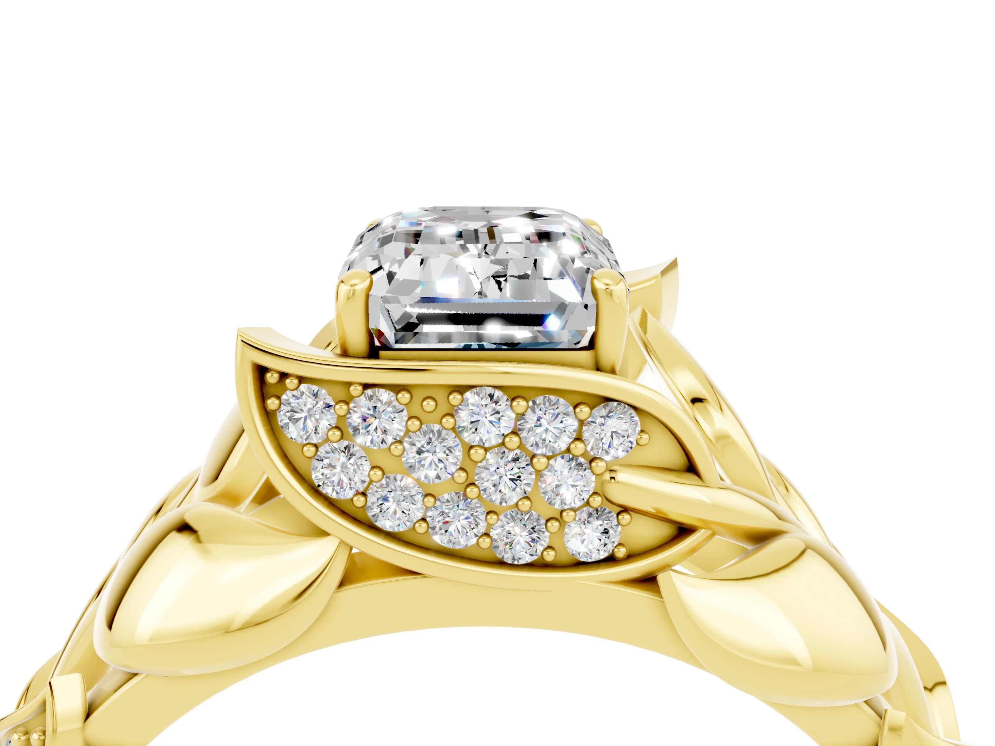 Yellow gold Emerald Cut Solitaire Leaf-Inspired Engagement Ring with Prong Setting_4