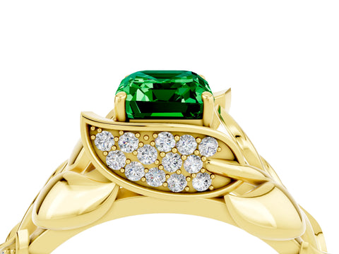 Yellow gold Emerald Cut Solitaire Leaf-Inspired Engagement Ring with Prong Setting_4