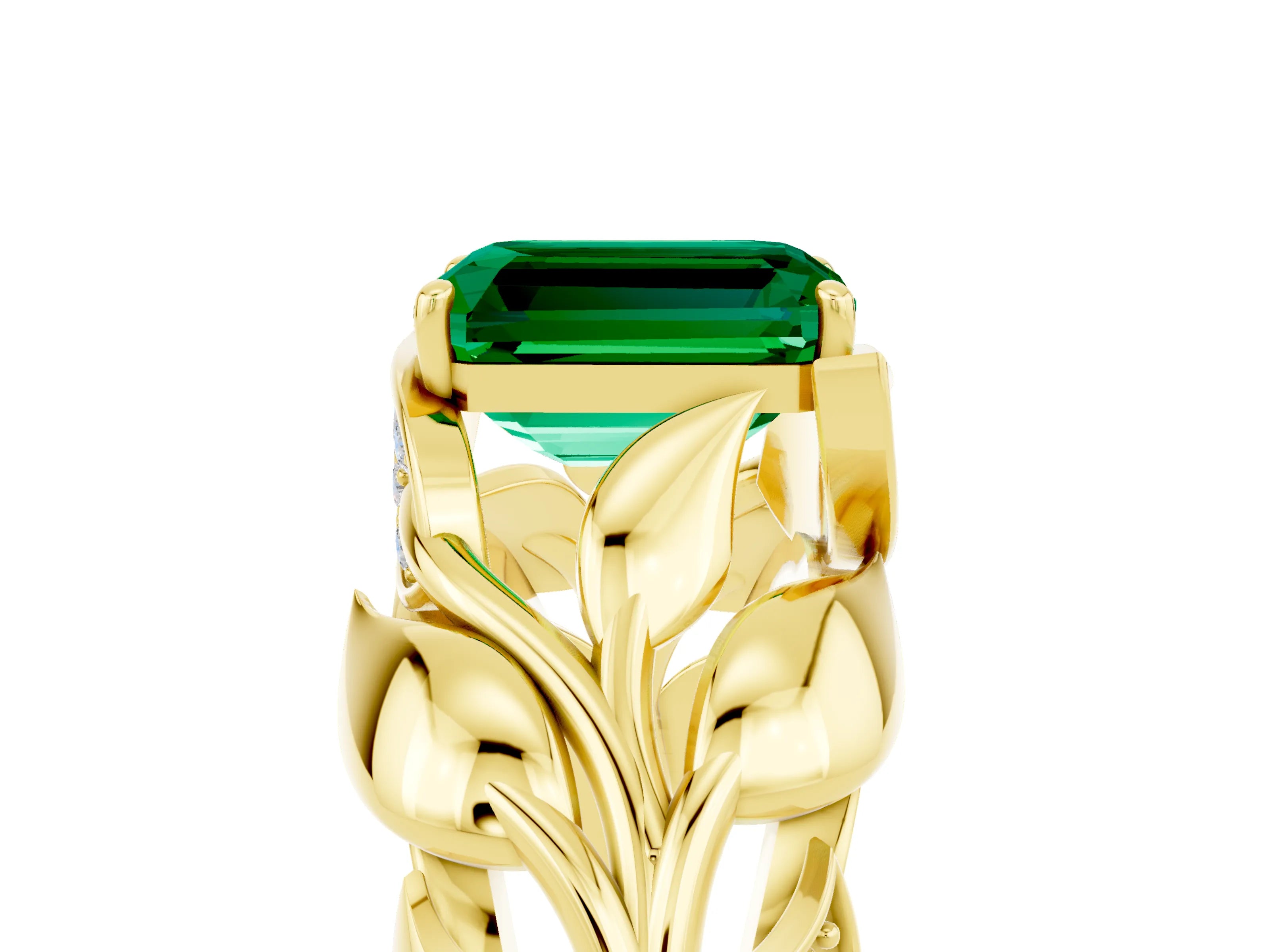 Yellow gold Emerald Cut Solitaire Leaf-Inspired Engagement Ring with Prong Setting_5