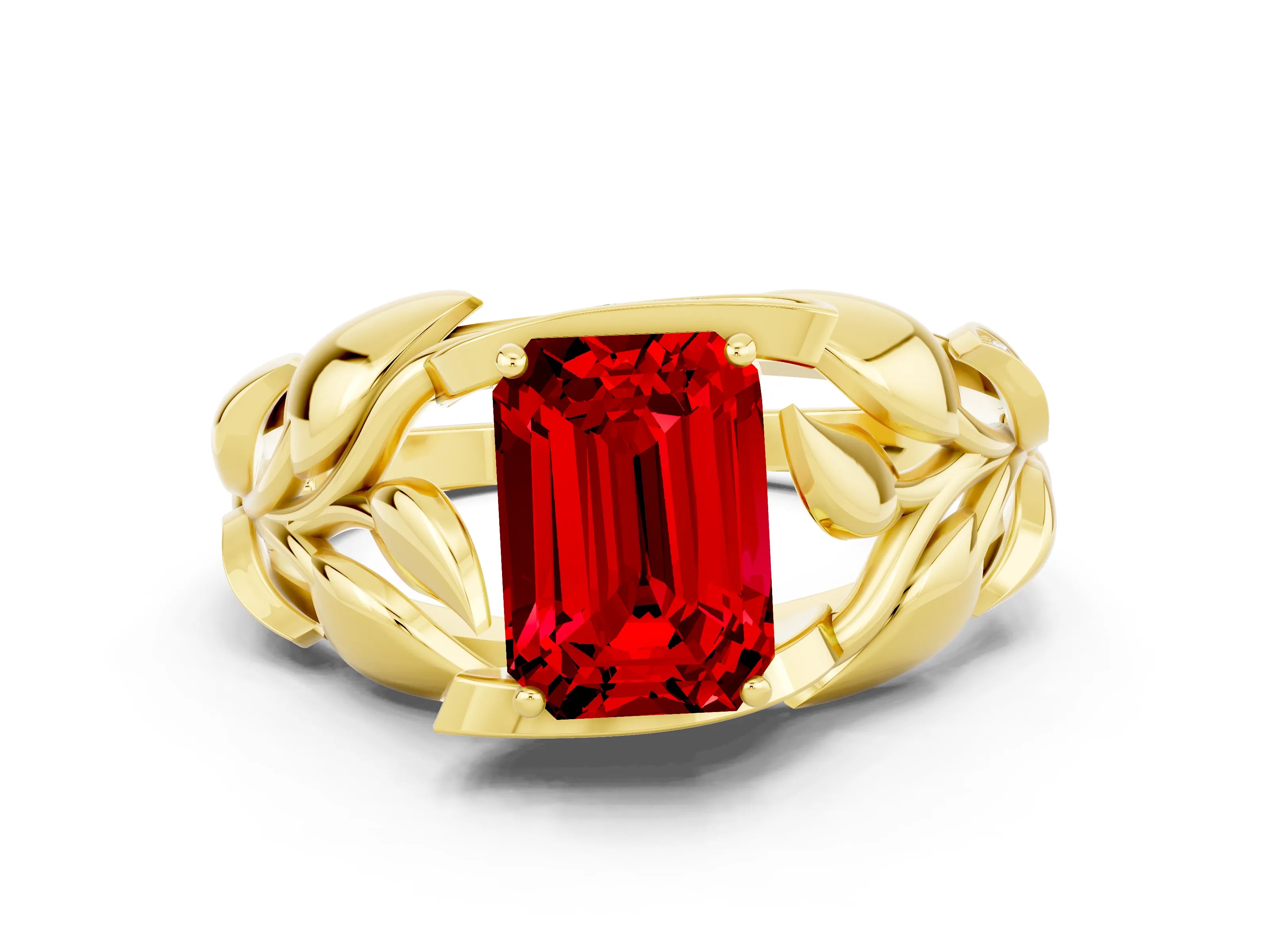 Yellow gold Emerald Cut Solitaire Leaf-Inspired Engagement Ring with Prong Setting