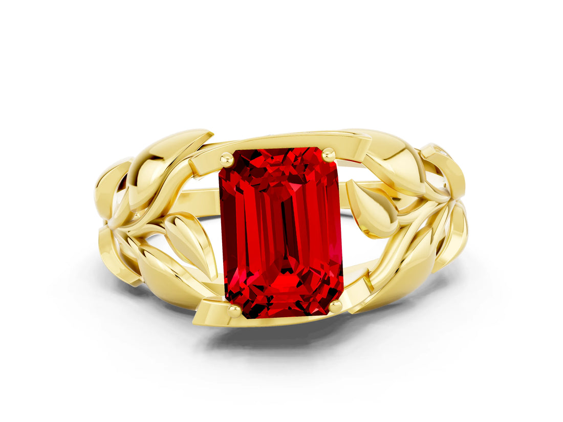 Yellow gold Emerald Cut Solitaire Leaf-Inspired Engagement Ring with Prong Setting