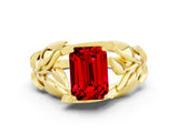 Yellow gold Emerald Cut Solitaire Leaf-Inspired Engagement Ring with Prong Setting