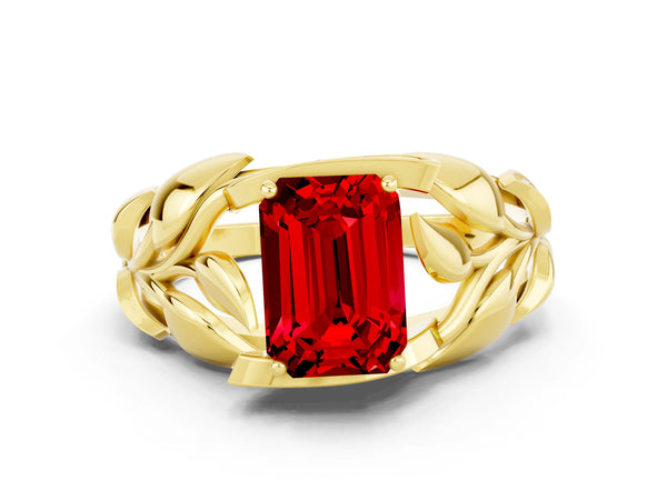 Yellow gold Emerald Cut Ruby Leaf-Inspired Engagement Ring with Round Accents and Prong Setting