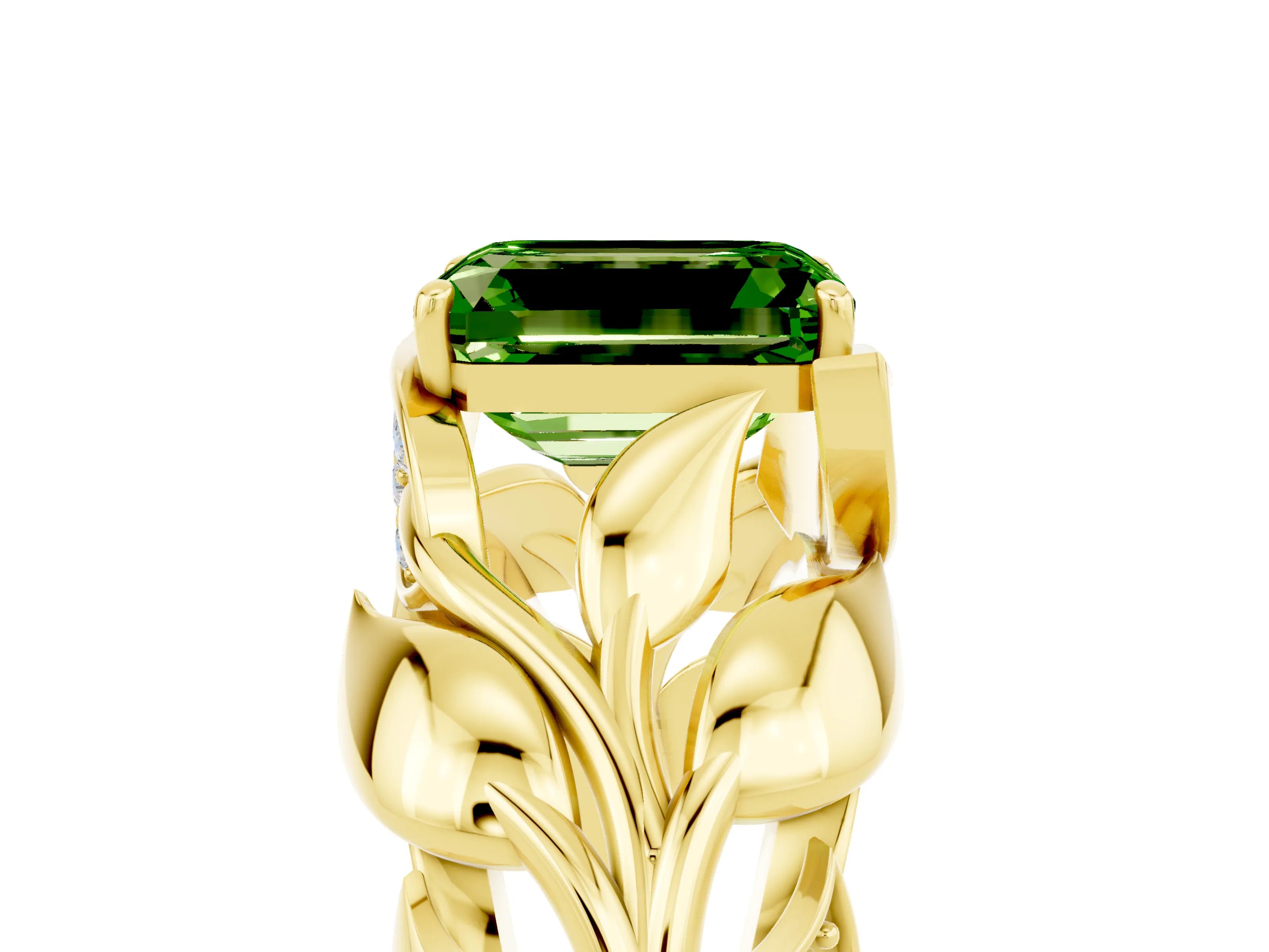 Yellow gold Emerald Cut Solitaire Leaf-Inspired Engagement Ring with Prong Setting_5