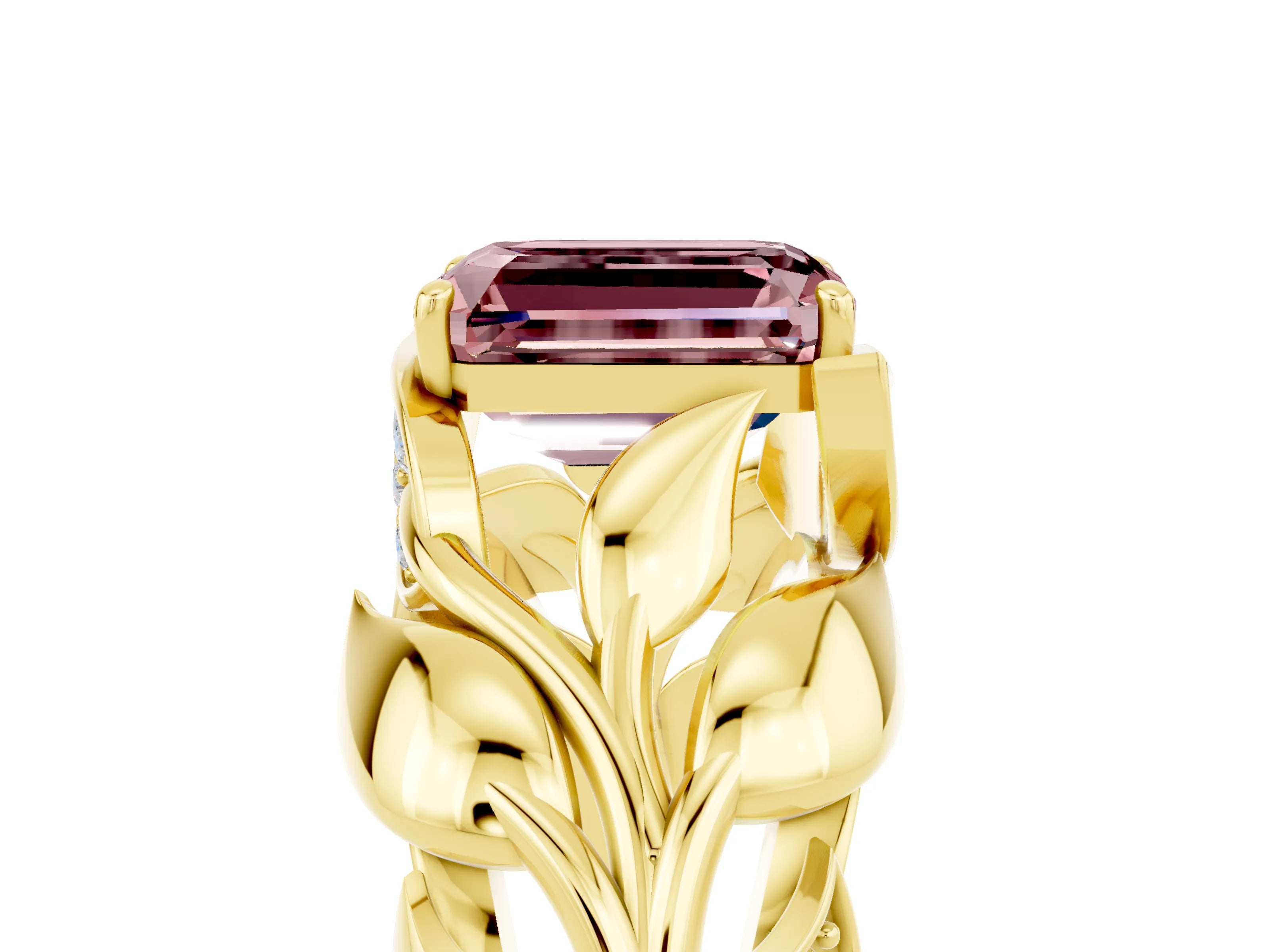 Yellow gold Emerald Cut Solitaire Leaf-Inspired Engagement Ring with Prong Setting_5