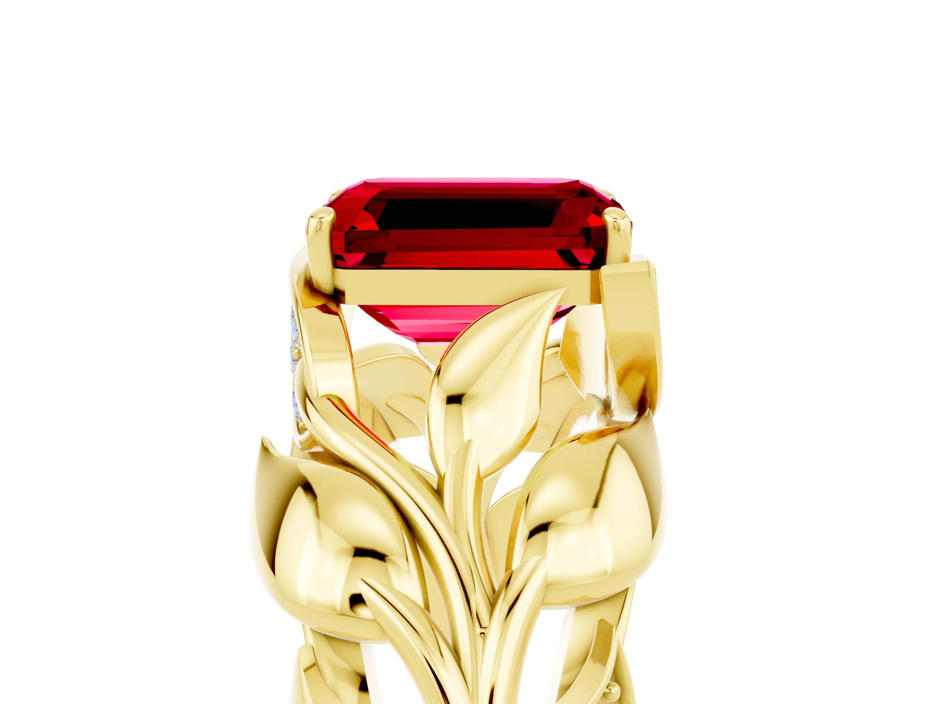 Yellow gold Emerald Cut Solitaire Leaf-Inspired Engagement Ring with Prong Setting_5