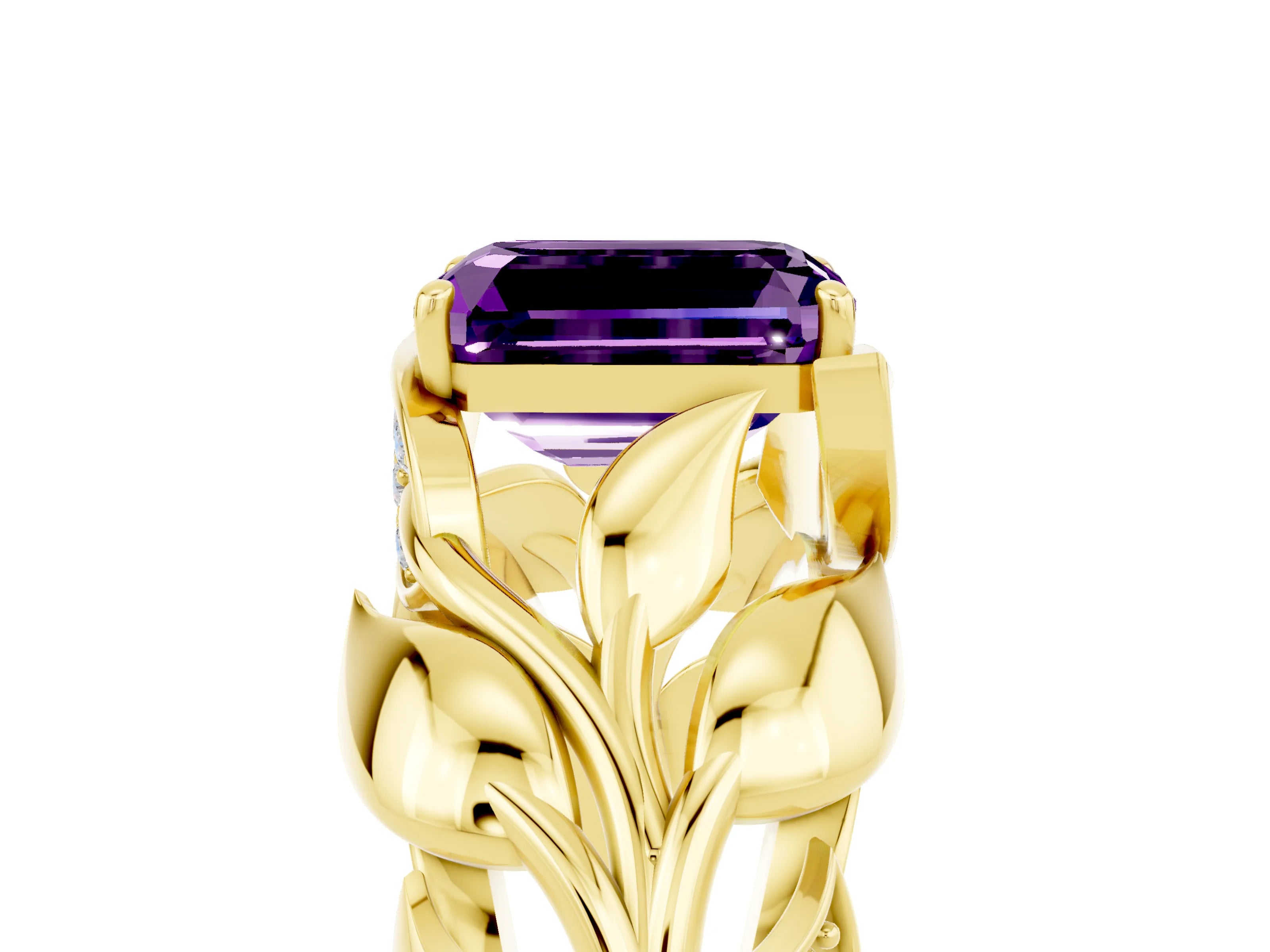 Yellow gold Emerald Cut Solitaire Leaf-Inspired Engagement Ring with Prong Setting_5