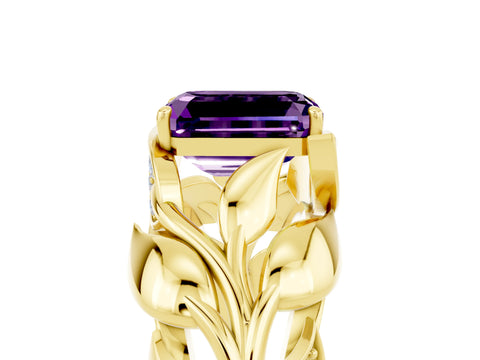 Yellow gold Emerald Cut Solitaire Leaf-Inspired Engagement Ring with Prong Setting_5