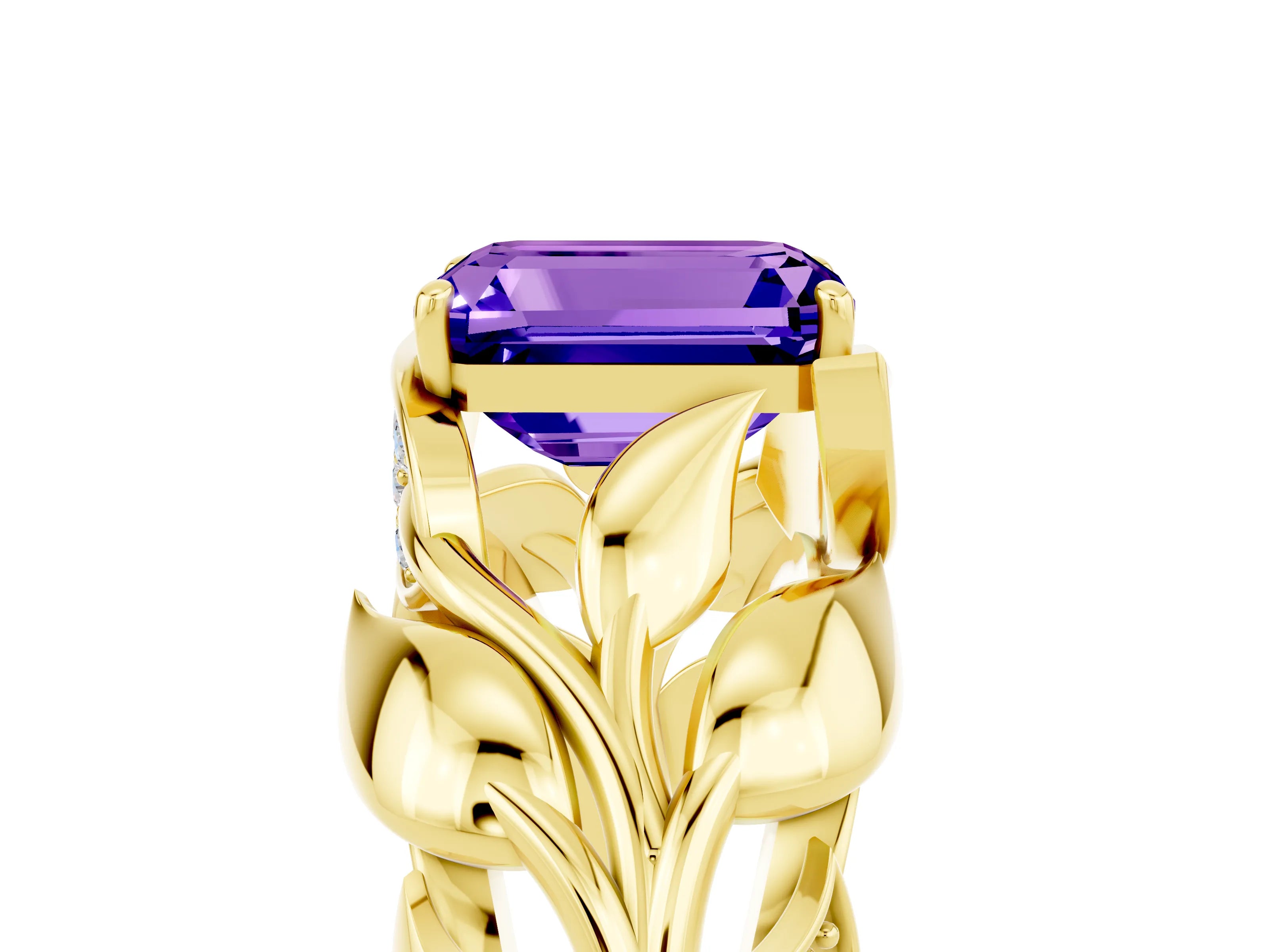 Yellow gold Emerald Cut Solitaire Leaf-Inspired Engagement Ring with Prong Setting_5