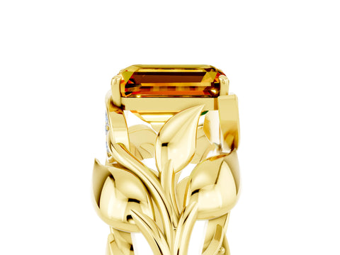 Yellow gold Emerald Cut Solitaire Leaf-Inspired Engagement Ring with Prong Setting_5