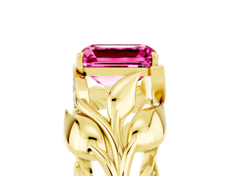 Yellow gold Emerald Cut Solitaire Leaf-Inspired Engagement Ring with Prong Setting_5
