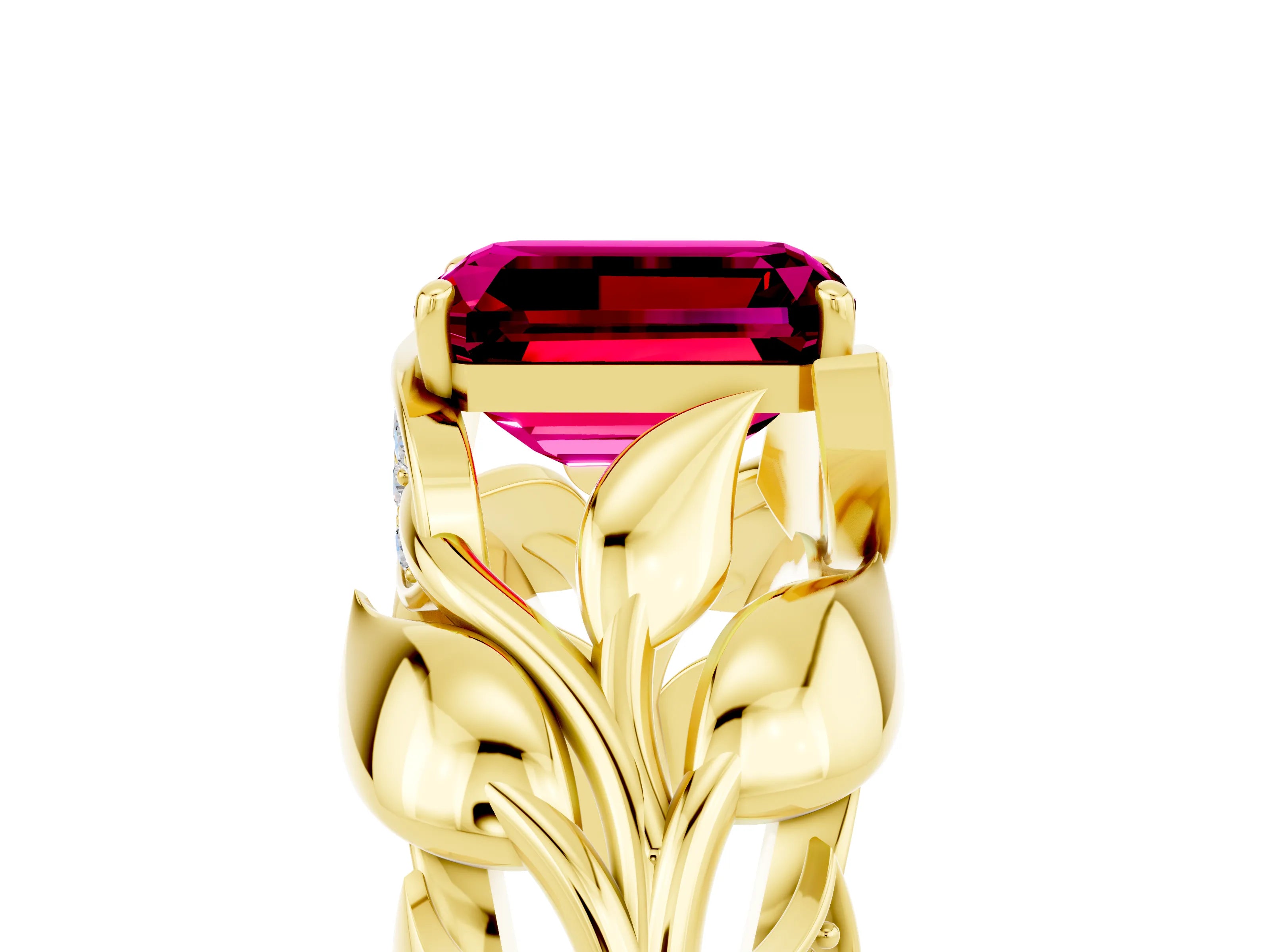Yellow gold Emerald Cut Solitaire Leaf-Inspired Engagement Ring with Prong Setting_5