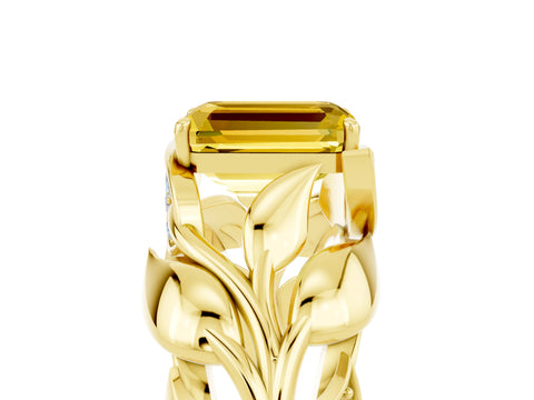 Yellow gold Emerald Cut Solitaire Leaf-Inspired Engagement Ring with Prong Setting_5