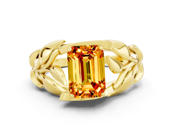 Yellow gold Emerald Cut Citrine Leaf-Inspired Engagement Ring with Round Accents and Prong Setting