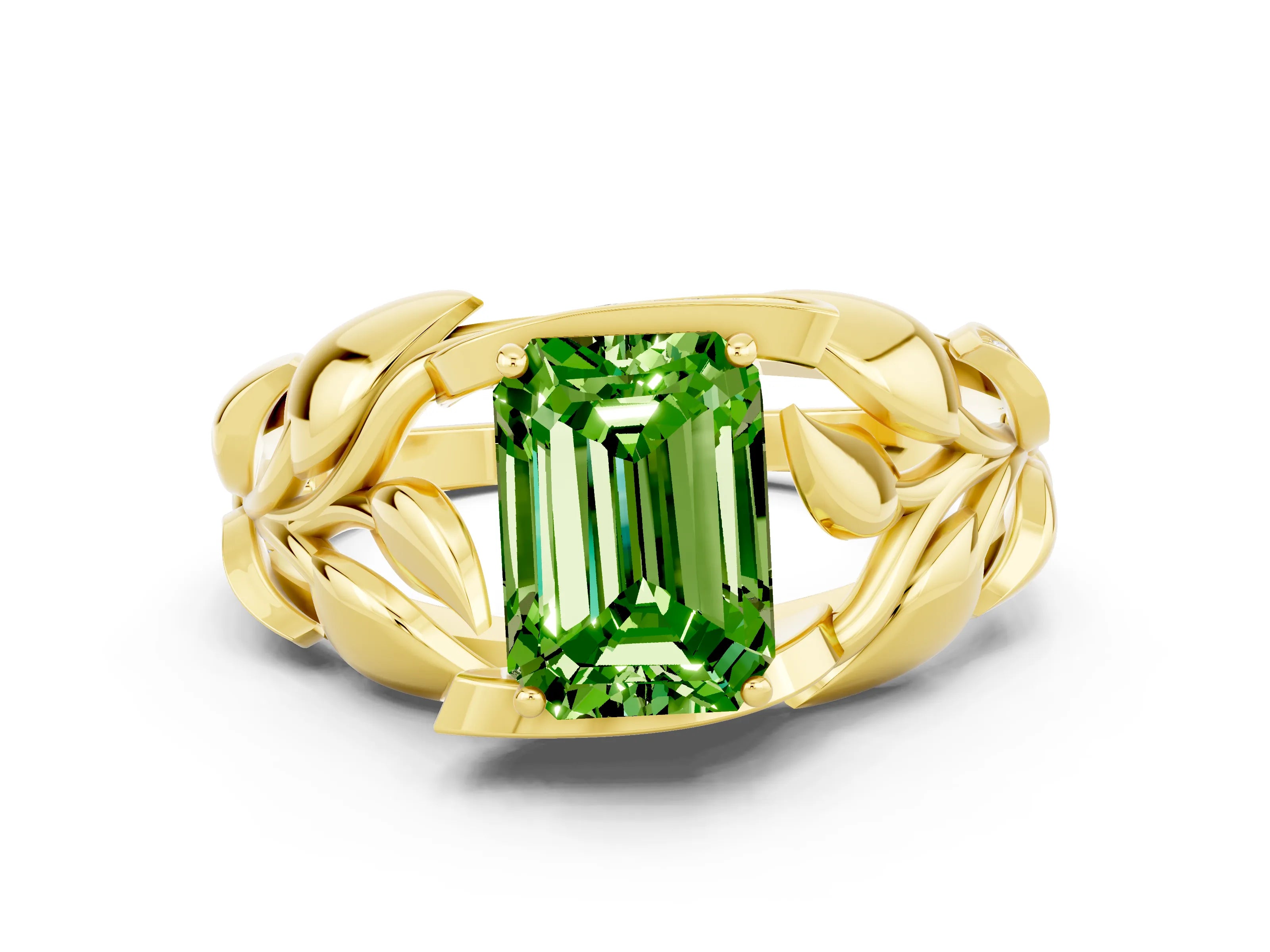 Yellow gold Emerald Cut Solitaire Leaf-Inspired Engagement Ring with Prong Setting