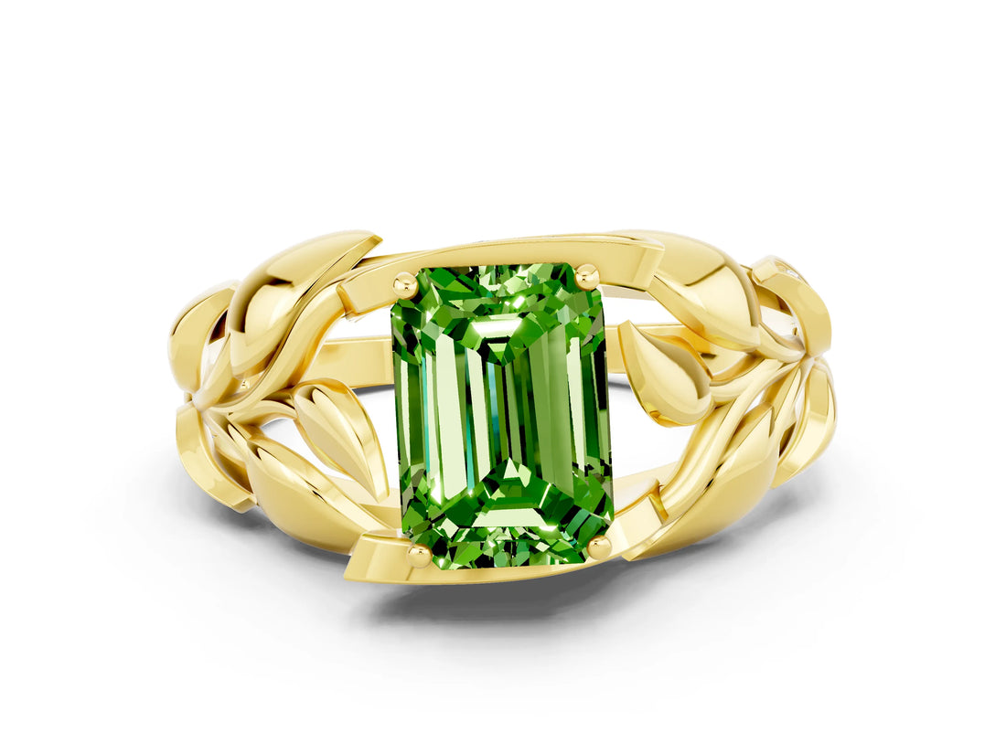 Yellow gold Emerald Cut Solitaire Leaf-Inspired Engagement Ring with Prong Setting