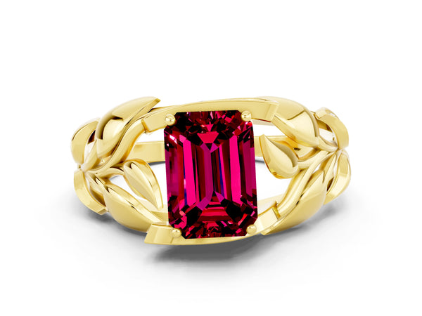 Yellow gold Emerald Cut Garnet Leaf-Inspired Engagement Ring with Round Accents and Prong Setting