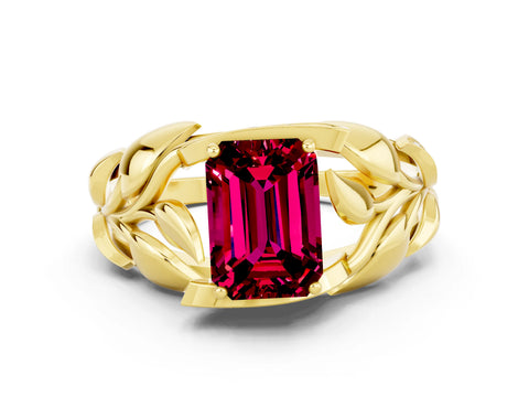 Yellow gold Emerald Cut Solitaire Leaf-Inspired Engagement Ring with Prong Setting