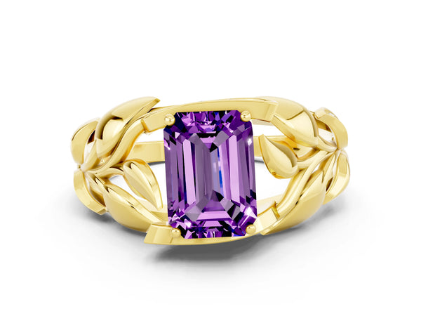 Yellow gold Emerald Cut Amethyst Leaf-Inspired Engagement Ring with Round Accents and Prong Setting