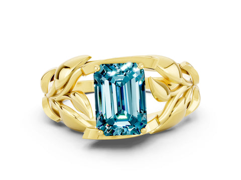 Yellow gold Emerald Cut Solitaire Leaf-Inspired Engagement Ring with Prong Setting
