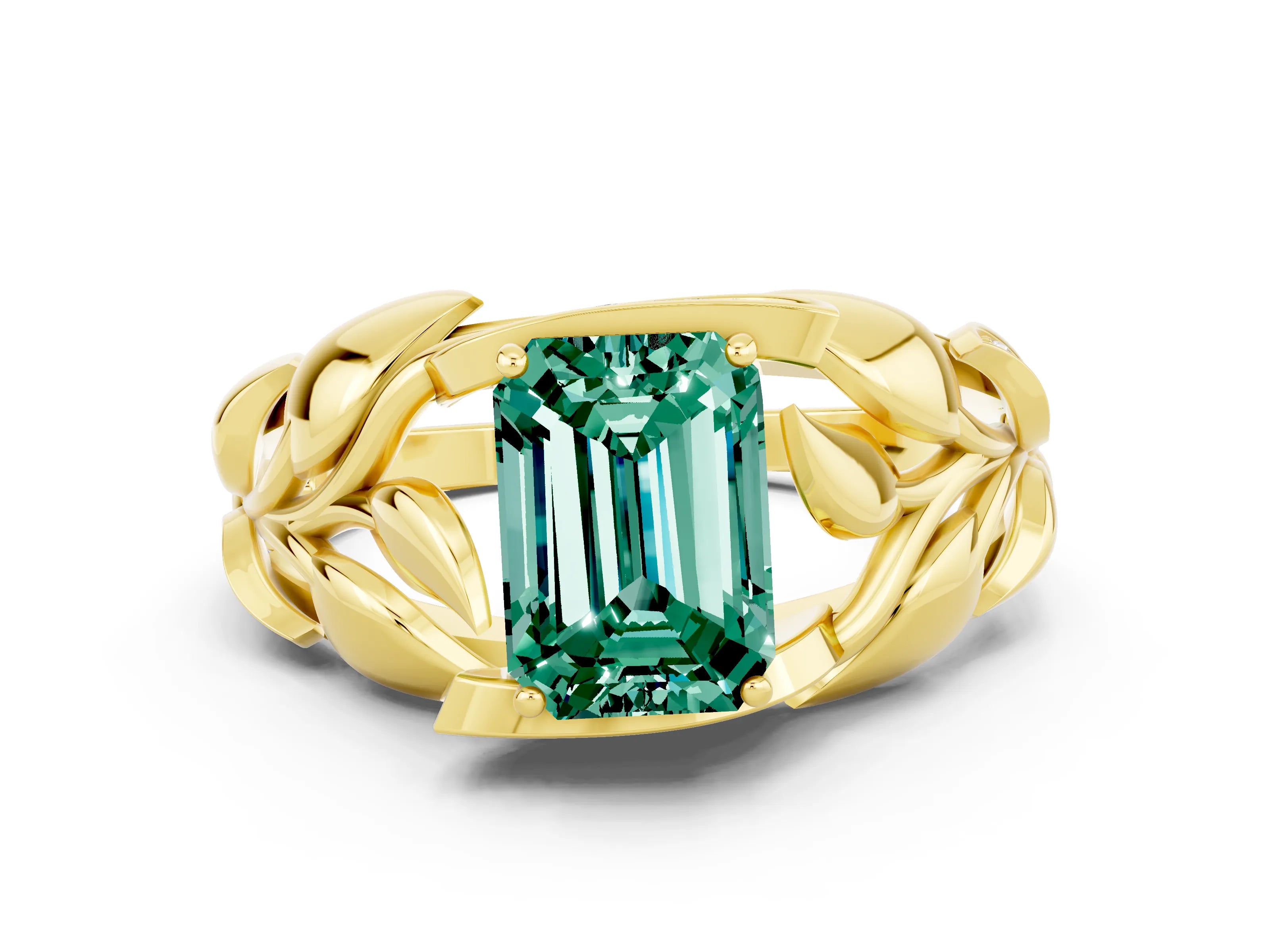 Yellow gold Emerald Cut Solitaire Leaf-Inspired Engagement Ring with Prong Setting