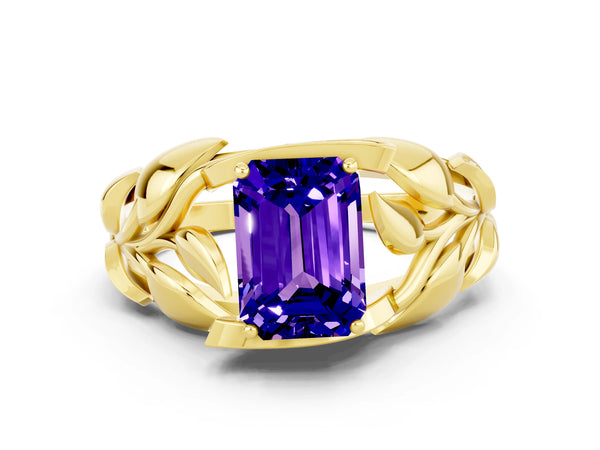 Yellow gold Emerald Cut Tanzanite Leaf-Inspired Engagement Ring with Round Accents and Prong Setting