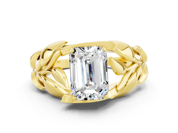 Yellow gold Emerald Cut Moissanite Leaf-Inspired Engagement Ring with Round Accents and Prong Setting