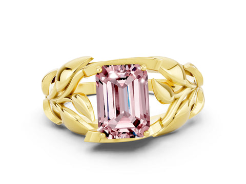 Yellow gold Emerald Cut Solitaire Leaf-Inspired Engagement Ring with Prong Setting