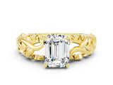 Yellow gold Emerald Cut Solitaire Moissanite Leaf-Inspired Vine Band Ring with Prong Setting